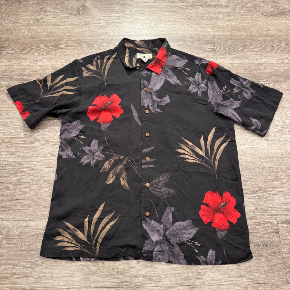Vintage Caribbean Joe Shirt Mens Large Hawaiian Palm Leaf Camp Costal Casual